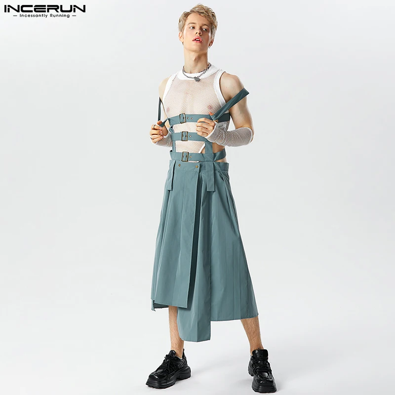 

Casual Fashion Style Bodysuit INCERUN Men Pleated Design Skirts Pants Male Irregular Hem Solid Straps Half Skirt Jumpsuits S-5XL