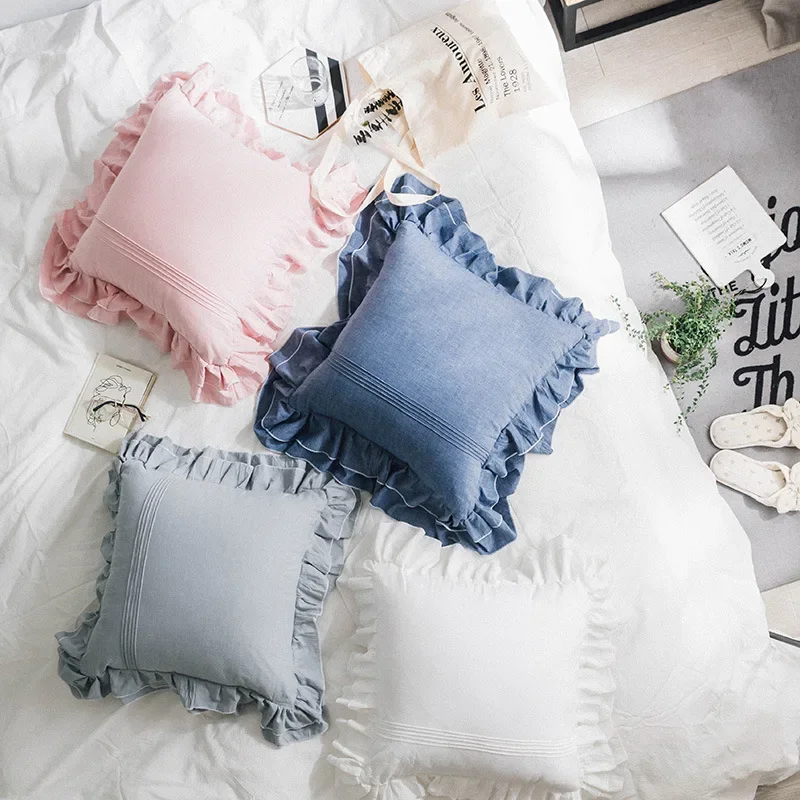 

2PCS Double Flounce Cotton Throw Pillowshams,Soft Comfortable Sofa Ruffled Cushion Cover,Couch Decor Pleat Stitch Pillowcase