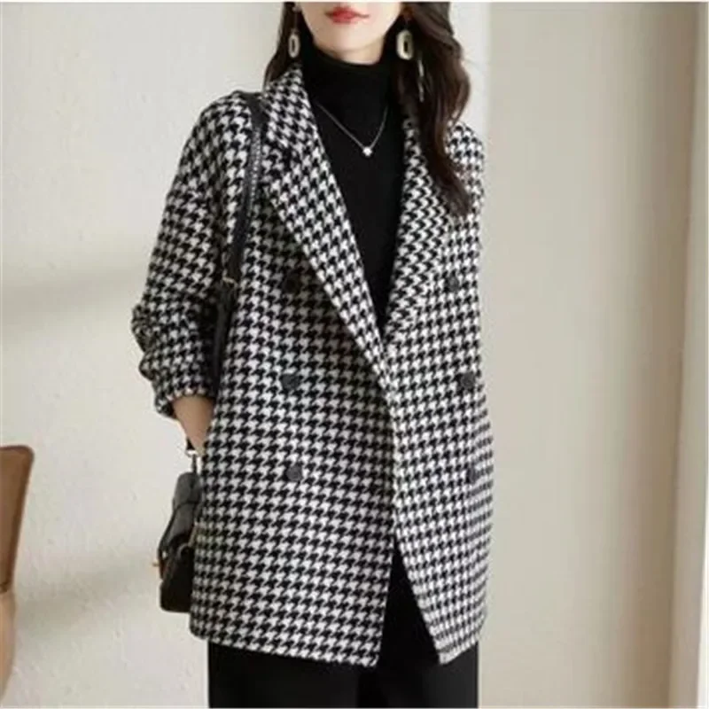 

Trench Coat for Women Tweed Wool Coat Korean Fashion Autumn Womens Winter Clothing 2023 Plaid Long Jacket Elegance Office Lady