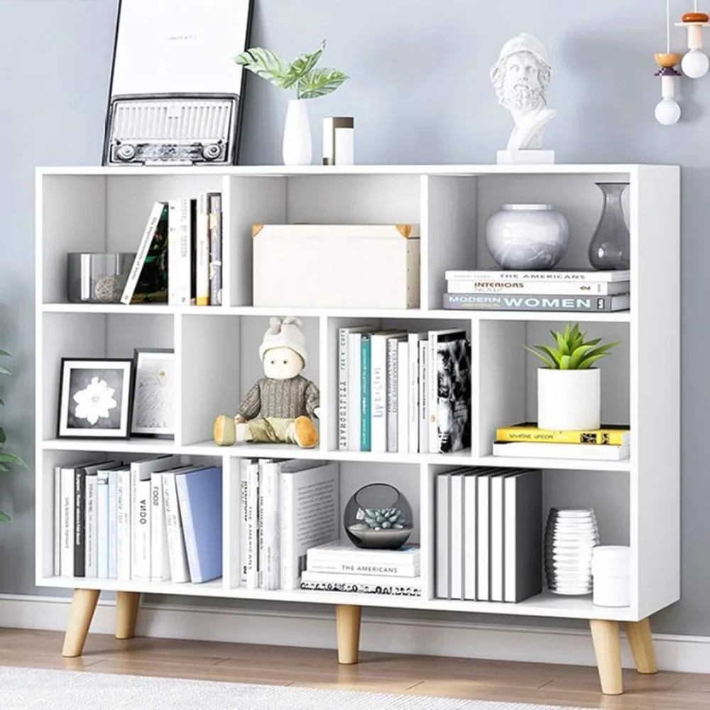 

IOTXY Wooden Open Shelf Bookcase - 3-Tier Floor Standing Display Cabinet Rack with Legs, 10 Cubes Bookshelf, Warm White