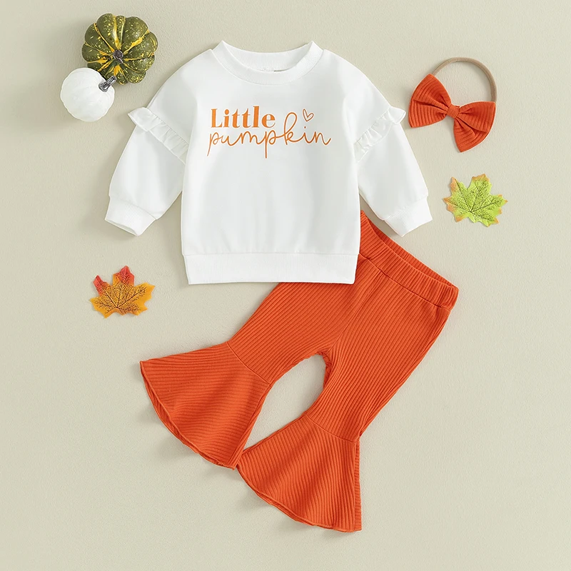 

2023-08-01 Lioraitiin 0-3T Baby Girl Halloween Clothes Set Pumpkin Letter Sweatshirts Bell-Bottoms Pants Toddler Girls Outfits