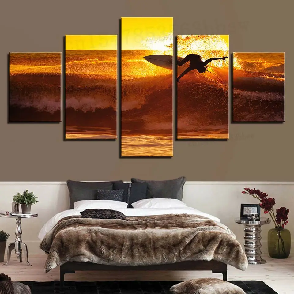 

Surfing Sunset Ocean Waves Professional Surfer 5 Panel Canvas Print Wall Art HD Print Pictures Poster Home Decor No Framed