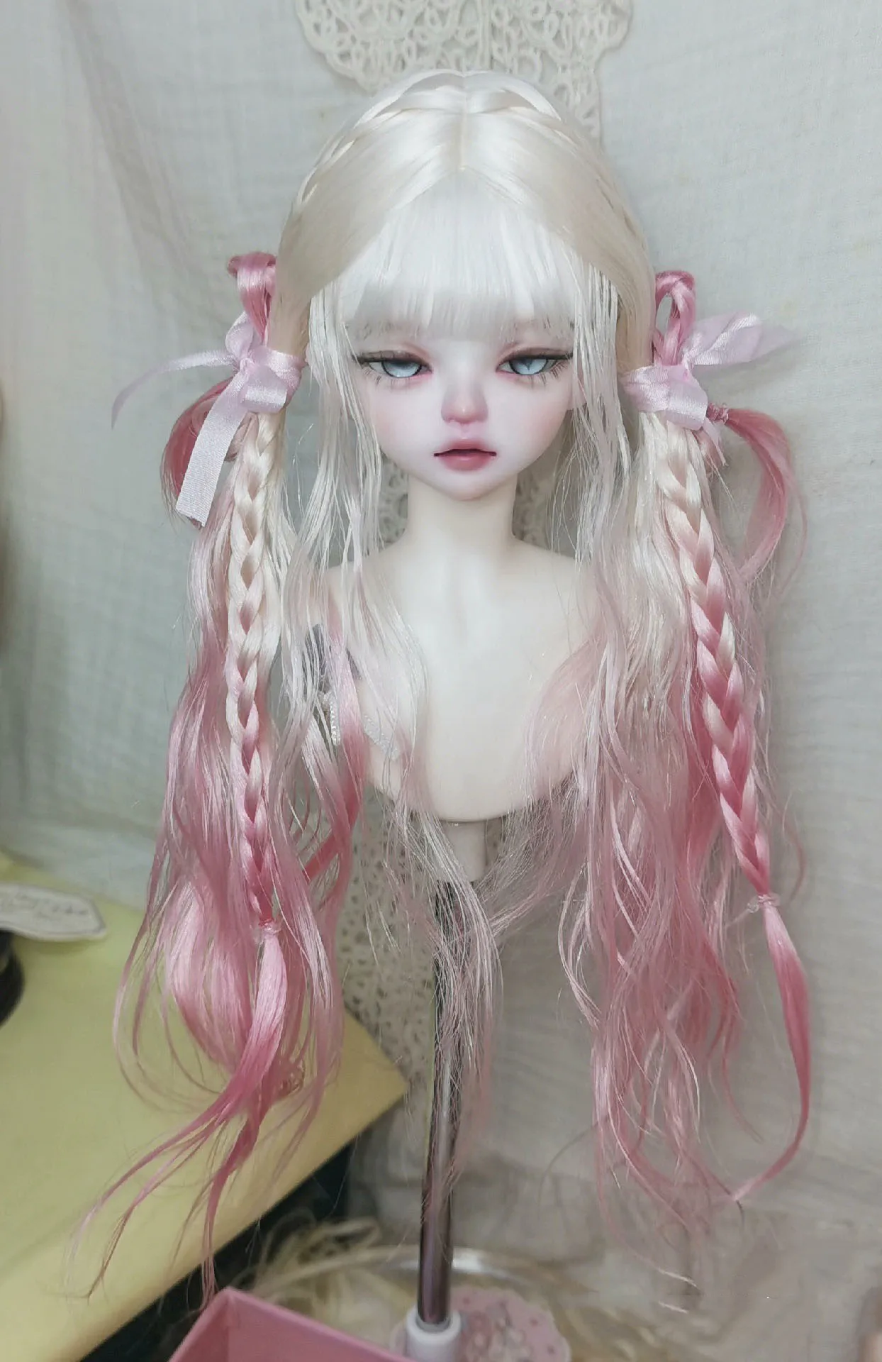 

Doll Accessories Pink Gradient Color BJD Wig 1/4, Doll Mohair Wig Bangs Pigtail Long Hair Free Shipping