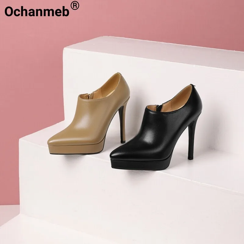 

Женские ботинки из натуральной кожи Ochanmeb, ботильоны на высоком каблуке-шпильке и платформе, обувь на молнии, женские сексуальные ботинки телесного цвета
