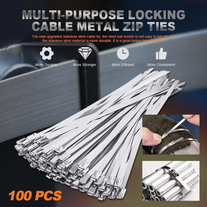 

100PCS Multi-Purpose Locking Cable Metal Zip Ties Self-locking Stainless Steel Cable Tie Loop Wire Zip Ties Set 4.6x100/250mm