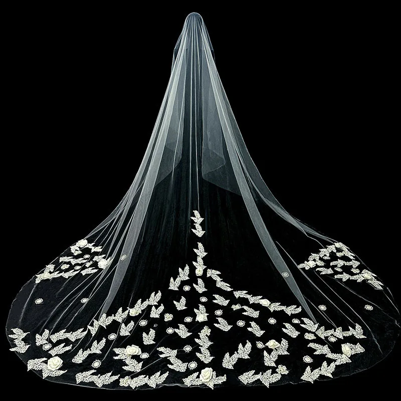 

1 Layer Wedding Veils for Bride Lace Leaves 3.5 Meters Long Cathedral Length Tulle Veil with Comb 3D Flowers Hair Accessories