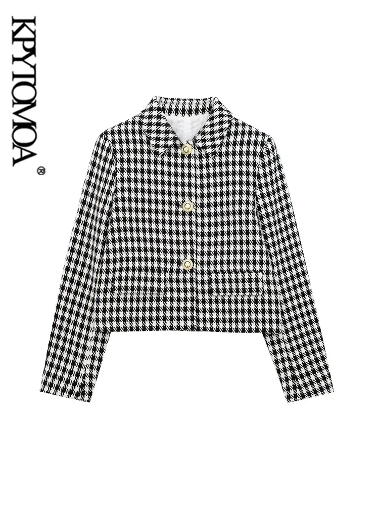 

KPYTOMOA Women Fashion Houndstooth Textured Cropped Blazer Coat Long Sleeve Front Gold Buttons Female Outerwear Chic Tops
