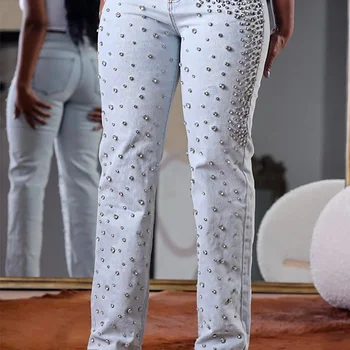 Eleve seu Estilo de Verão com Calças de Linho Algodão Femininas Sofisticadas 7 Women's Patchwork Embroidered Jeans with High Waisted Drilled Slim Fit Oversized Pencil Pants Women's Fashionable Clothing