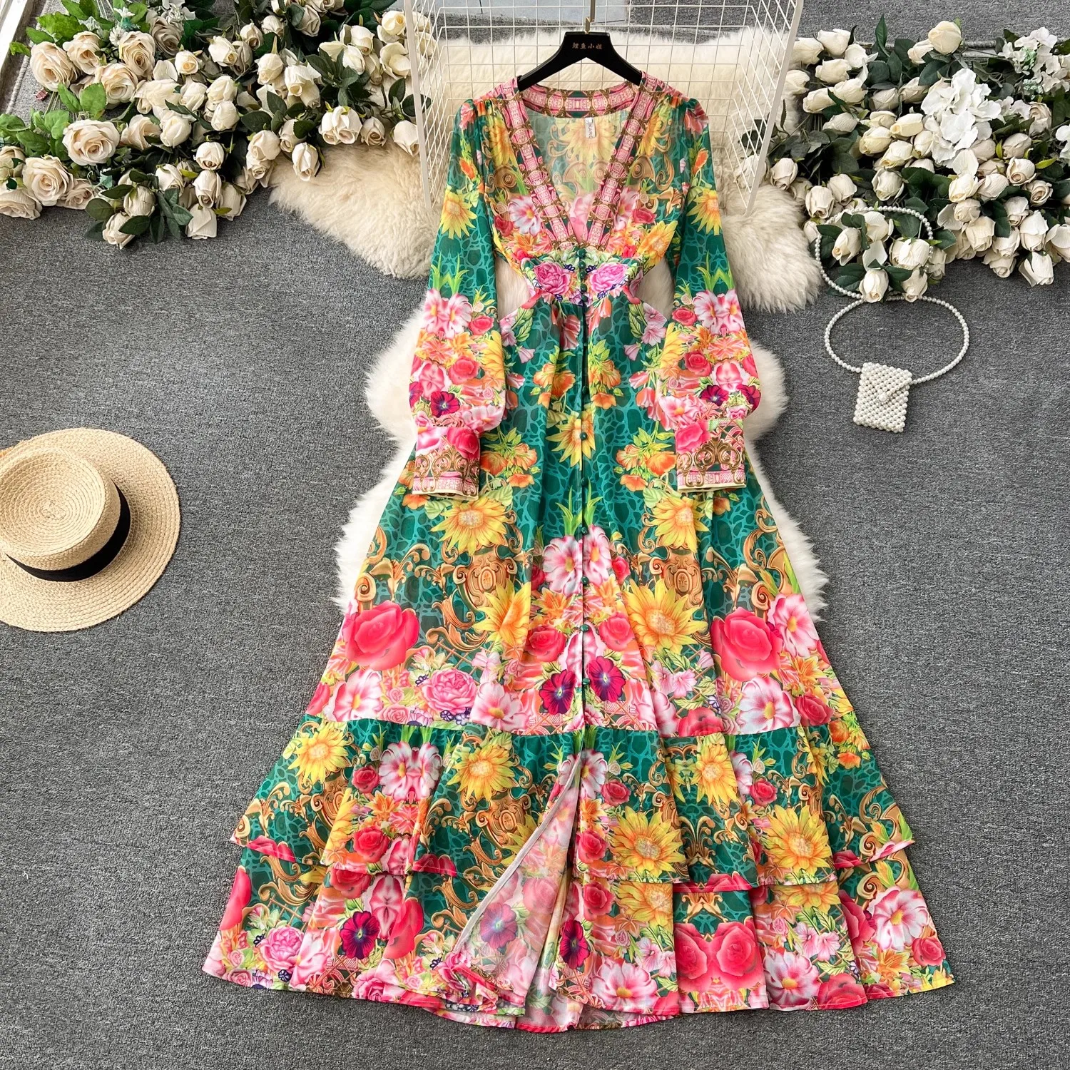 Women Deep V Neck Long Sleeve Floral Print Boho Robe Vestidos Fashion Holiday Gorgeous Flower Chiffon Cascading Ruffles Dress
Women Deep V Neck Long Sleeve Floral Print Boho Robe Vestidos Fashion Holiday Gorgeous Flower Chiffon Cascading Ruffles Dress
