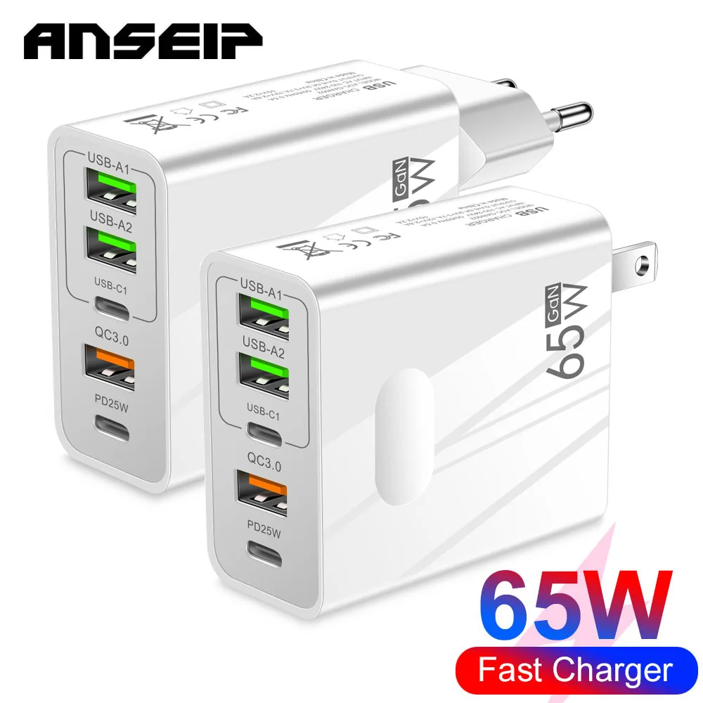 

ANSEIP 65W USB C Charger QC3.0 Fast Charging 5 Ports Type C PD Mobile Phone Charge Adapter For iPhone iPad Xiaomi Huawei Samsung