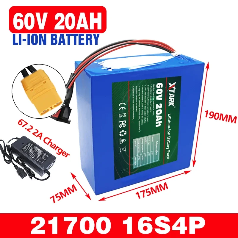 

New 60V 20Ah 21700 Lithium Battery Pack 16S4P 1000W-3000W XT90-Plug Electric Bike Motorcycle Scooter Battery +67.2V 2A Charger