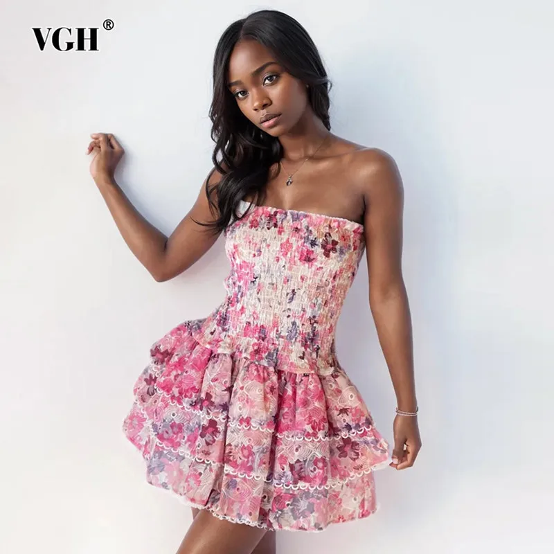 

VGH Floral Printing Patchwork Tierred Mini Dresses Fro Women Strapless Sleeveless Backless High Waist Hit Color Dress Female New