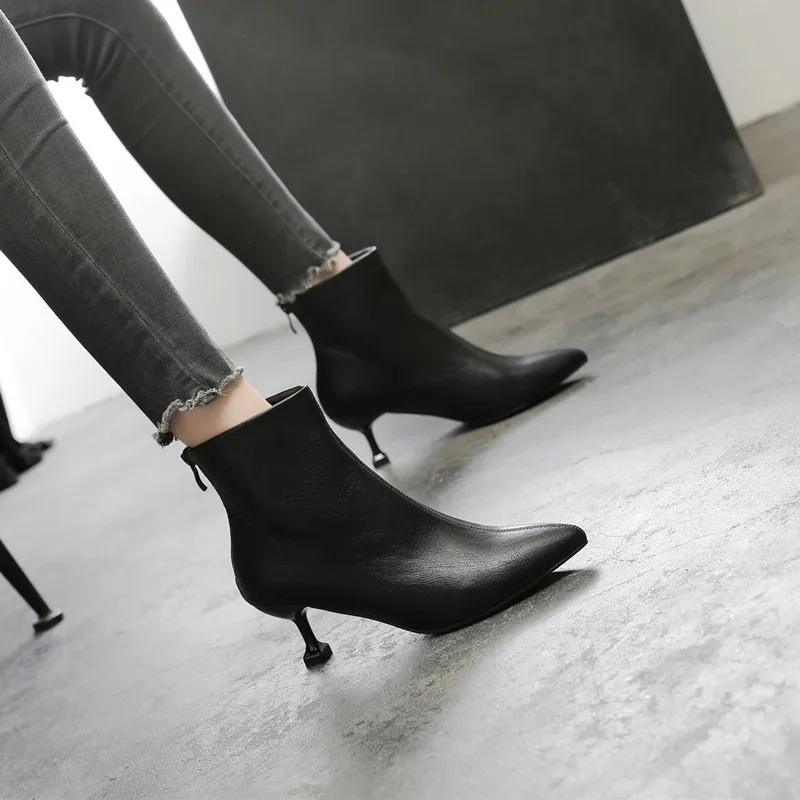 

Small Size 31-43 Winter New Pointed Toe Stiletto Heels Black Ankle Boots Women High Heel Short Boots