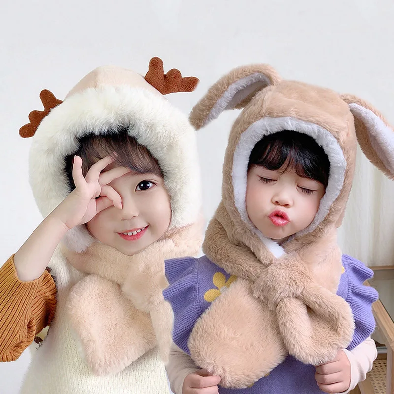 

Cute Winter Baby Scarf Hats Cartoon Hooded Boys Girls Bunny Cap Beanies Children Kids Warm Plush Earflap Bonnet Hat For Newborns