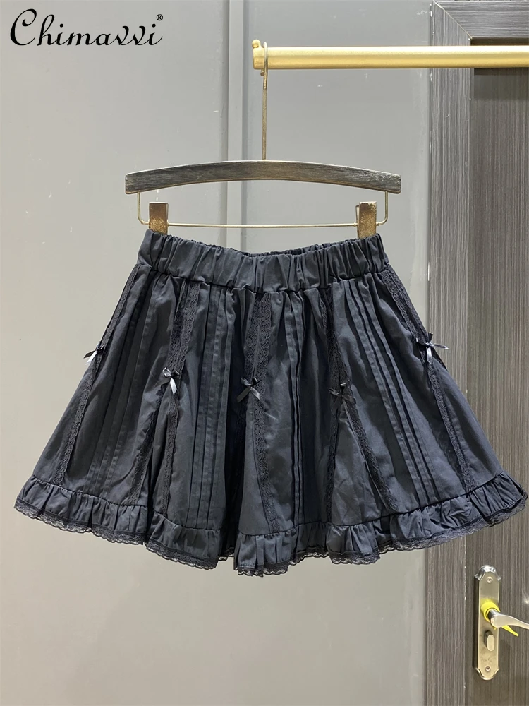 

2024 Summer New Black Short Skirt for Women Fashion Bowknot Sweet High Waist Slimming A- Line Short Girly Style Lace Mini Skirts