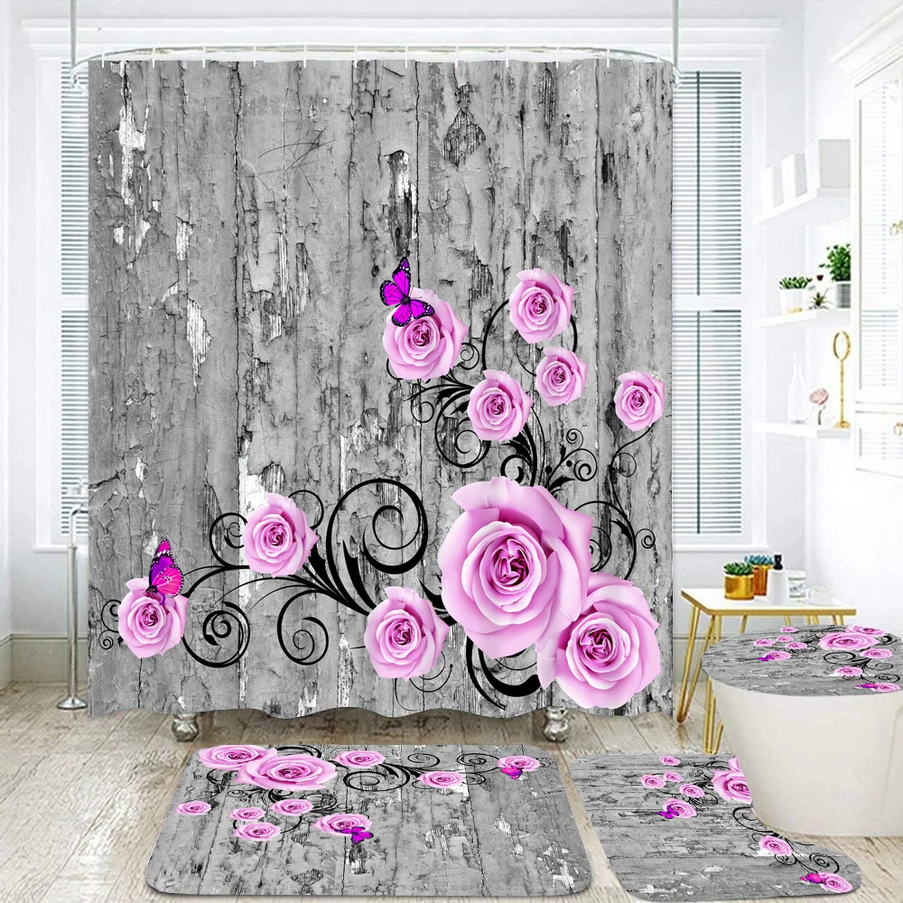 

Lavender Rose Flowers Wood Grain Print Shower Curtains Bath Mats Pedestal Rug Toilet Non-Slip Carpet Bathroom Curtain with Hooks