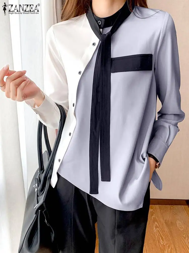 

Women Blouse ZANZEA 2023 Autumn Solid Shirt Round Neck Chic Tops Fashion Long Sleeve Casual Diagonal Placket Colorblock Tunics