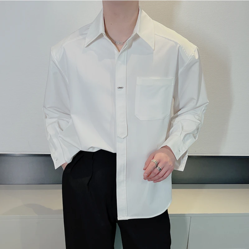 

Fashion Minimalist Solid Color Shirt Men Long Sleeve Loose Casual Shirts Handsome Social Streetwear Shirts Men Clothing 2024