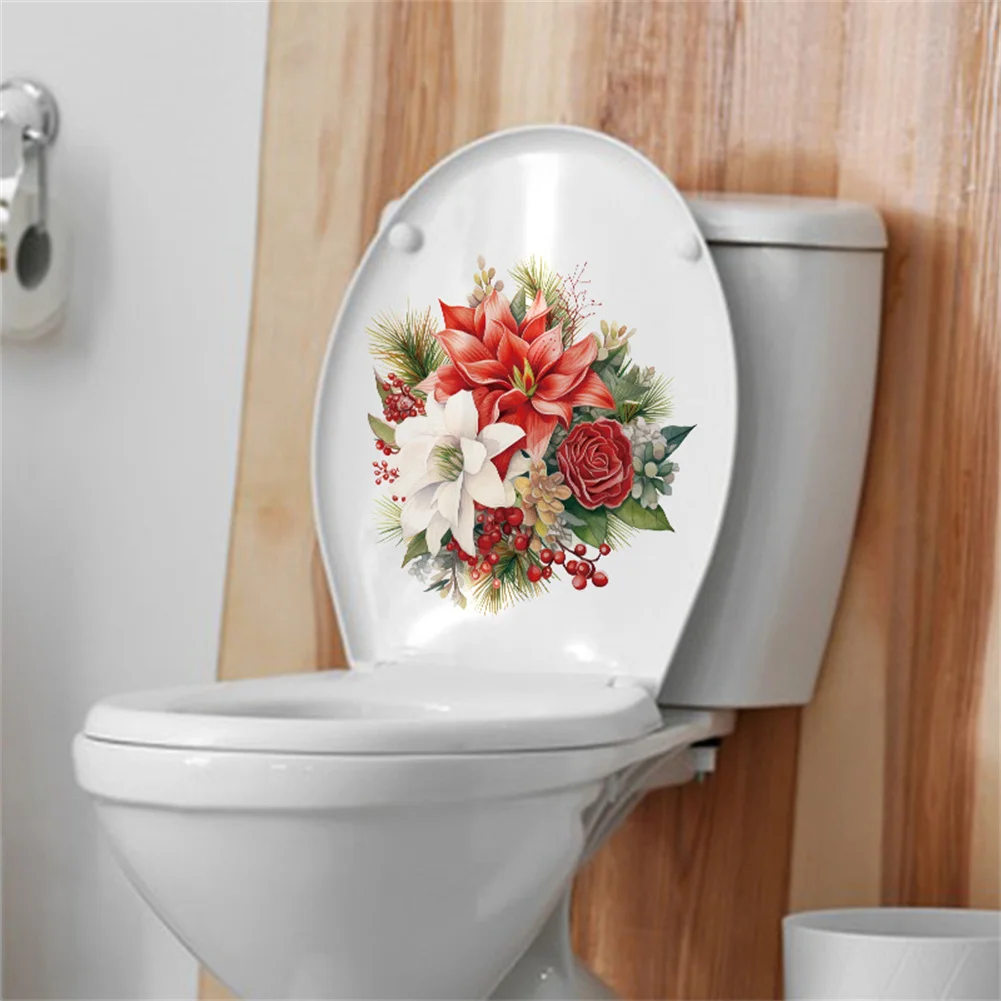 

PVC Self-Adhesive Toilet Lid Stickers Waterproof Lightweight Christmas Flower Patterns Bathroom Toilet Seat Wall Sticker