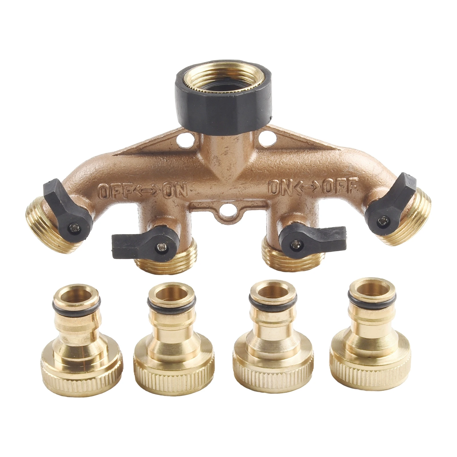 

4 Way Solid Brass Nipple Hose Splitter Connector With Shut Off Valves 3/4inch For Agriculture Lawn Garden