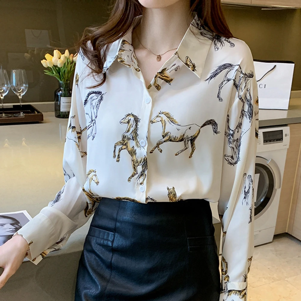 

Dating Leisure Shirt Blouse Lapel Long Sleeves Retro Single-breasted Smooth Spring Summer Vintage Comfy Fashion