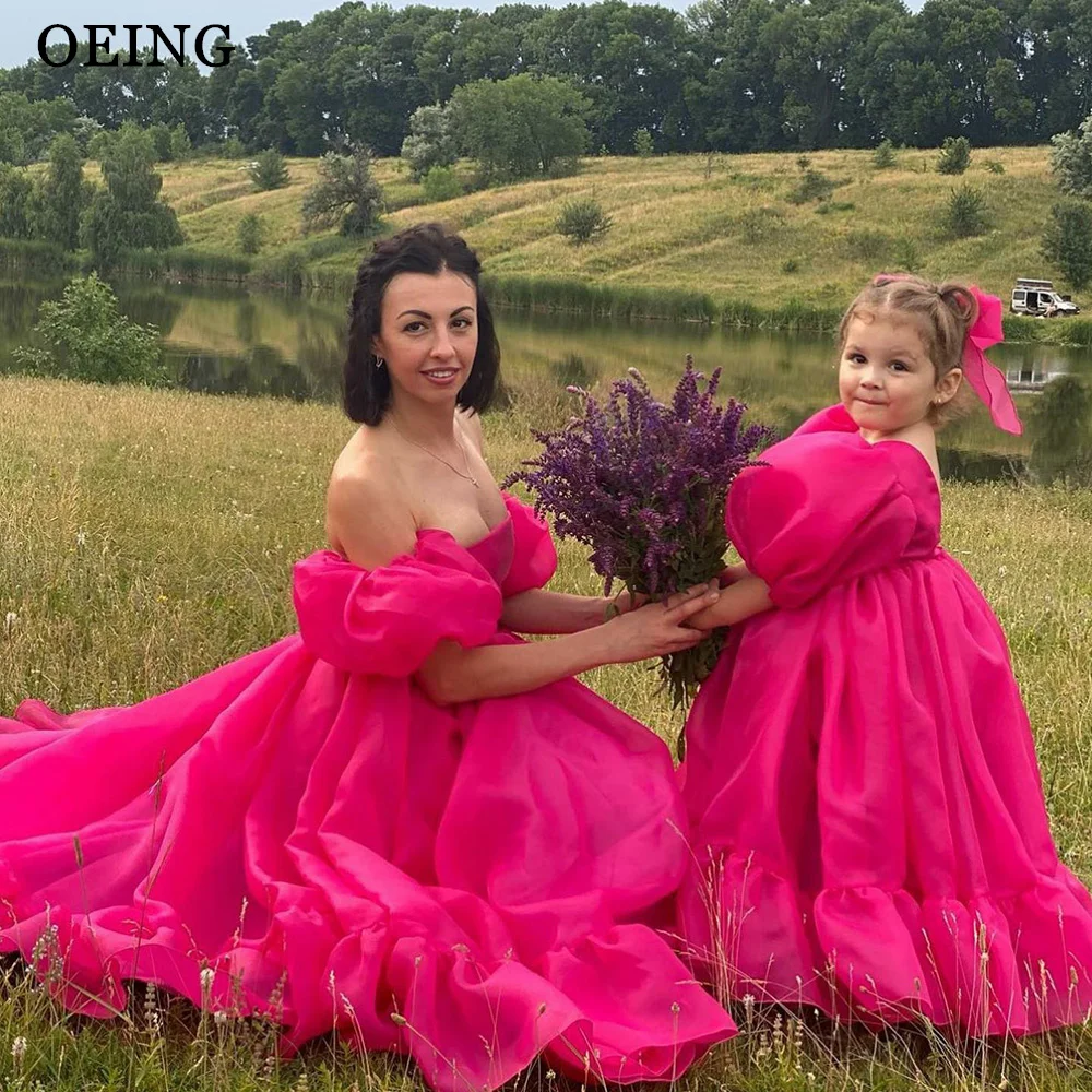 

OEING Fuchsia Tulle Mother And Daughter Party Dresses Sweet Ruffles Tiered Photography Dress Mom And Kids Brithday Prom Gowns