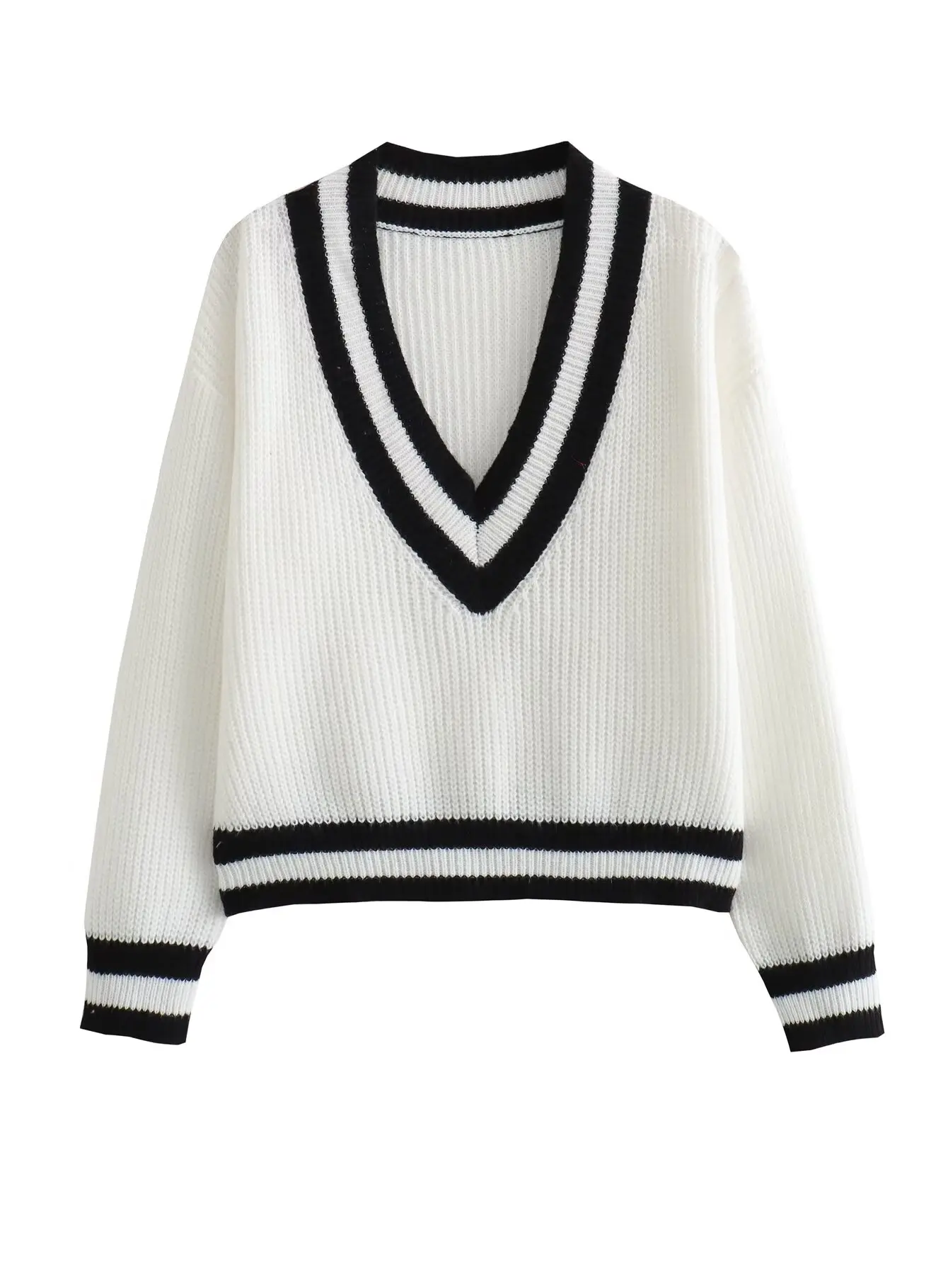 

Plus Size Women's Clothing Sweater Long Sleeve V-Neck Preppy Pullover Loose Knitted Sweater With Black Stripes Bust In 106-116CM
