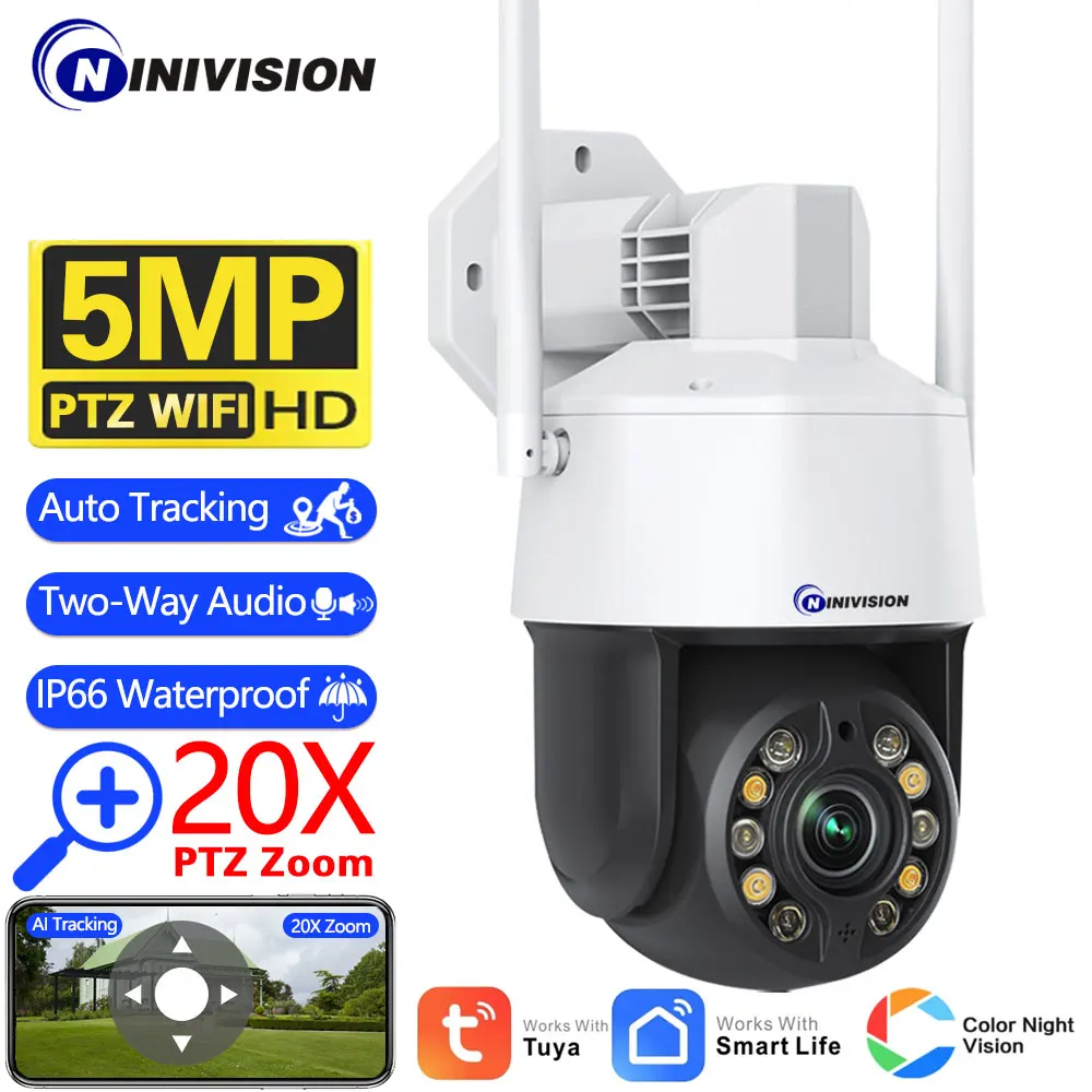 

5MP Tuya 20X Optical PTZ Zoom Security Camera Outdoor Full Color Night Vision WiFi Video Surveillance Cameras AI Auto Tracking