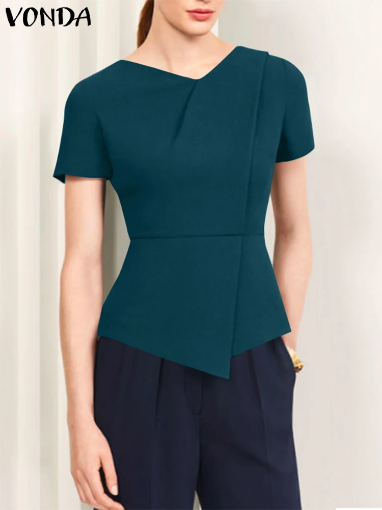

Модные асимметричные топы 2024 VONDA женские элегантные однотонные рубашки летняя блузка Сексуальная туника с V-образным вырезом повседневные блузки большого размера