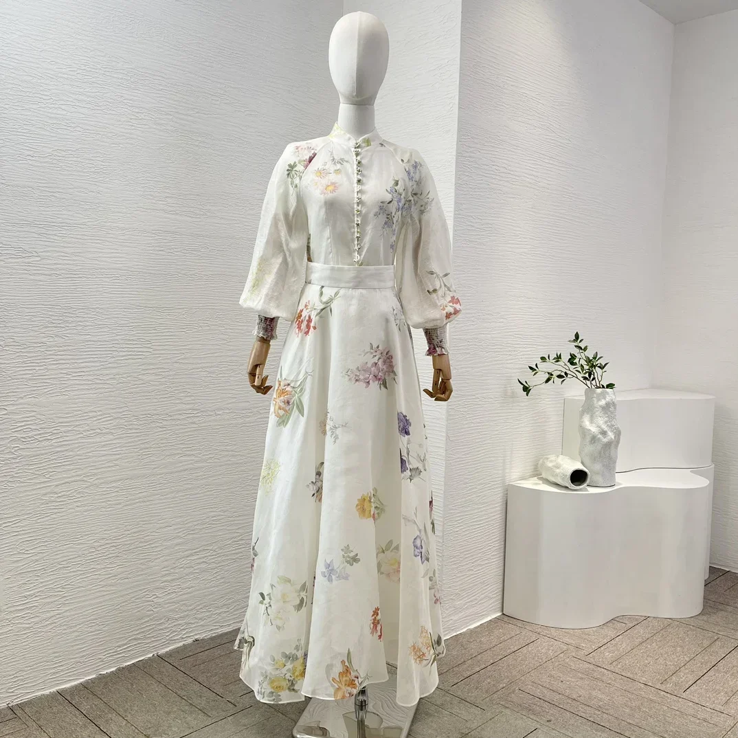 

Linen Silk White Floral Print Long Lantern Sleeve Stand Collar Blouse Tops and Midi Skirt 2024 New Sets for Women