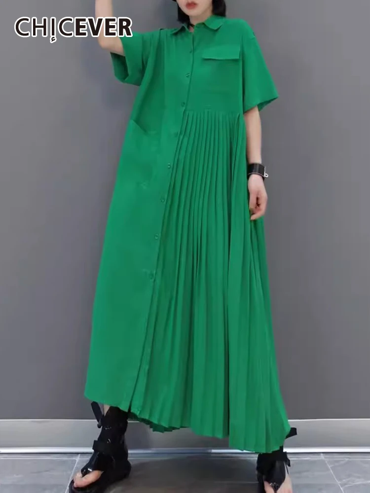 CHICEVER Pleated Korean Dresses For Women Lapel Short Sleeve Single Breasted Spliced Pocket Solid Loose Maxi Dress Female Summer
CHICEVER Pleated Korean Dresses For Women Lapel Short Sleeve Single Breasted Spliced Pocket Solid Loose Maxi Dress Female Summer