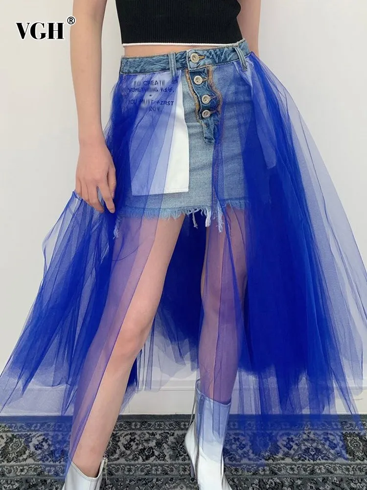 

VGH hit color spliced mesh denim skirt for women high waist patchwork button streetwear loose a line skirts female fashion new