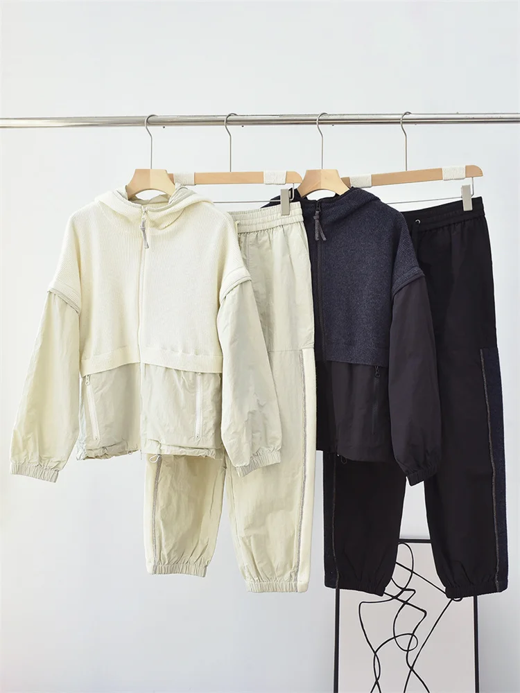 Women Beading Chain Zipper Decoration Solid Color Set Autumn 2023 New Lady Knit Patchwork Coat or Drawstring Elastic Waist Pants
Women Beading Chain Zipper Decoration Solid Color Set Autumn 2023 New Lady Knit Patchwork Coat or Drawstring Elastic Waist Pants
