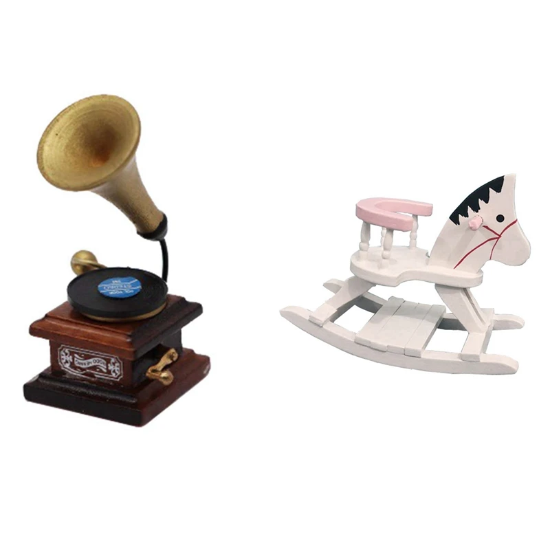 

1:12 Dollhouse Miniature White Wooden Mini Rocking With 1:12 Dollhouse Miniature Furniture Vintage Phonograph