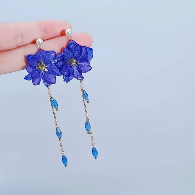 

Unique Pressed Real Flower Earrings Natural Blue Dried Flower Earrings Handmaking Epoxy Resin Elegant Long Earrings Statement