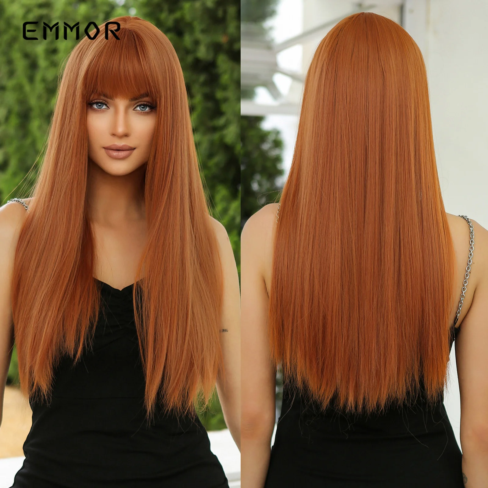 

Emmor Long Straight Wig with Bang Ombre Black Orange Wine Red Synthetic Wigs For Women Heat Resistant Hair Layered Cosplay Daily