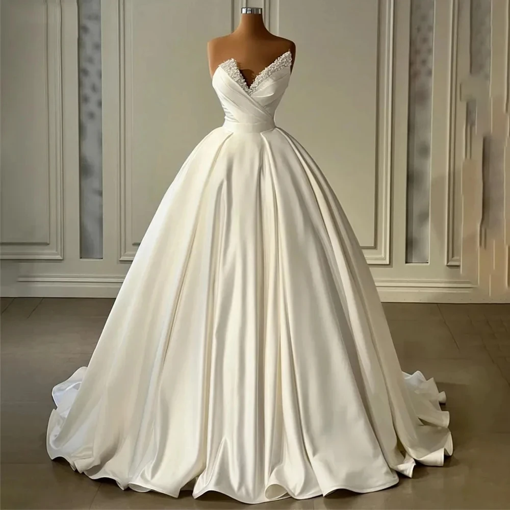 Exquisite A Line Wedding Dresses Sparkle Beading Fuffy Ruched Satin Ball Gowns V Neck Backless Formal Bride Beach Party Vestidos
Exquisite A Line Wedding Dresses Sparkle Beading Fuffy Ruched Satin Ball Gowns V Neck Backless Formal Bride Beach Party Vestidos