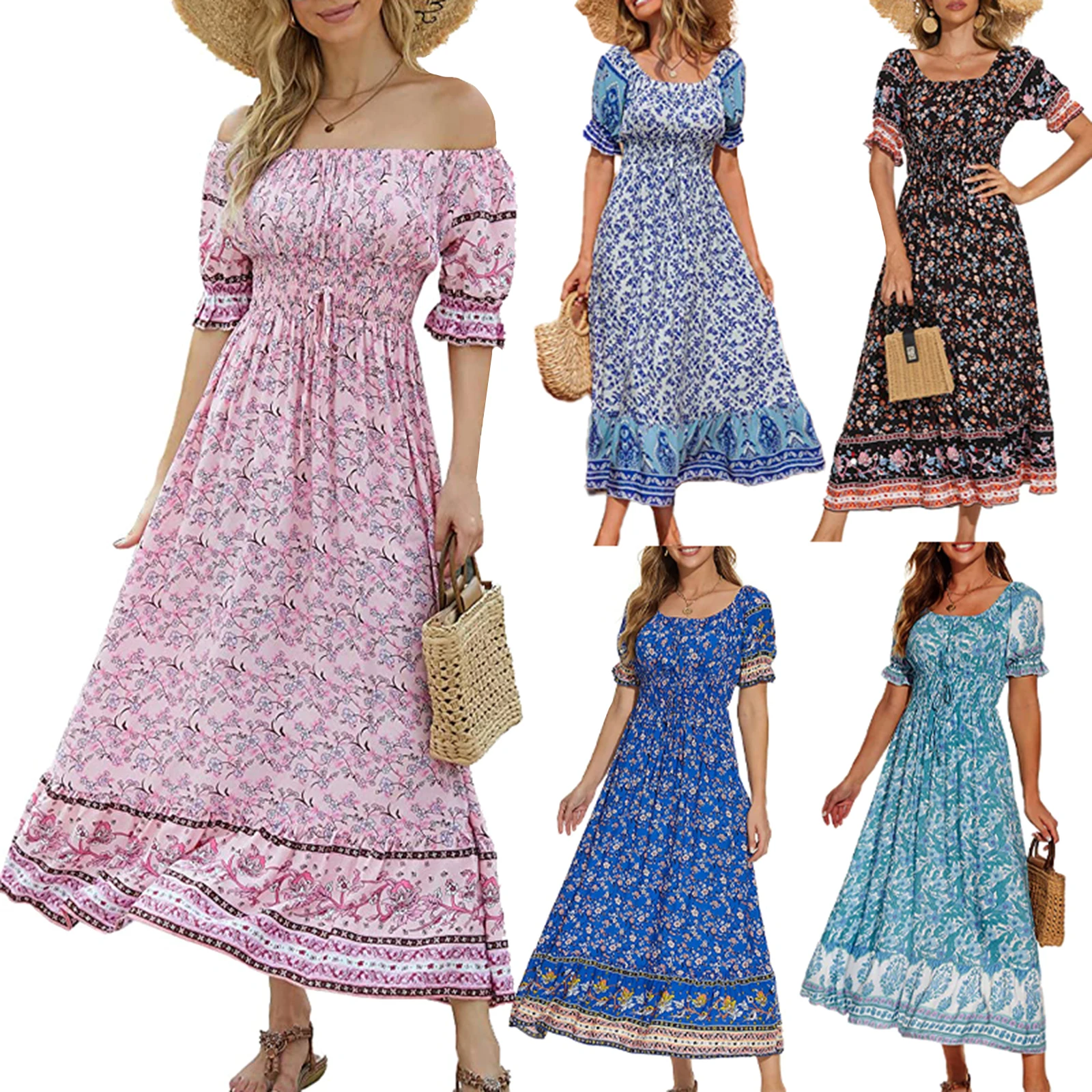 Summer Women's Bohemian Long Dress Short Sleeve Floral Print Beach Dress Casual A-line Smocked Dress
Summer Women's Bohemian Long Dress Short Sleeve Floral Print Beach Dress Casual A-line Smocked Dress