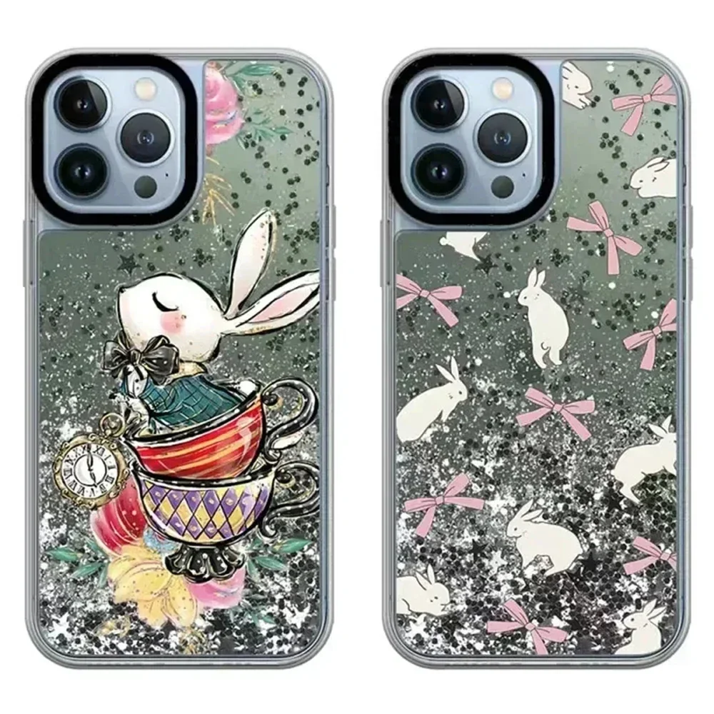 

Transparent Border Silver Quicksand Rabbit Bowknot iPhone 12 13 14 15 Pro Max Case - Protective iPhone Case