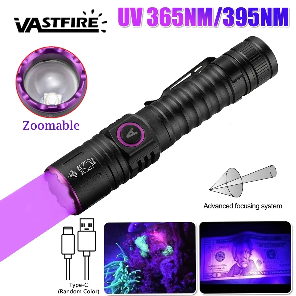 

5W Mini 365nm 395nm UV Flashlight Zoom Ultraviolet Blacklight USB Rechargeable Purple Torch Pet Cat Dog Stains Urine Detector