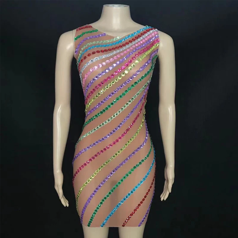 Colorful Rhinestones Rainbow Dress Sexy Transparent Sleeveless Dress Women Birthday Celebrate Singer Dress Stage Costume XS6065
Colorful Rhinestones Rainbow Dress Sexy Transparent Sleeveless Dress Women Birthday Celebrate Singer Dress Stage Costume XS6065