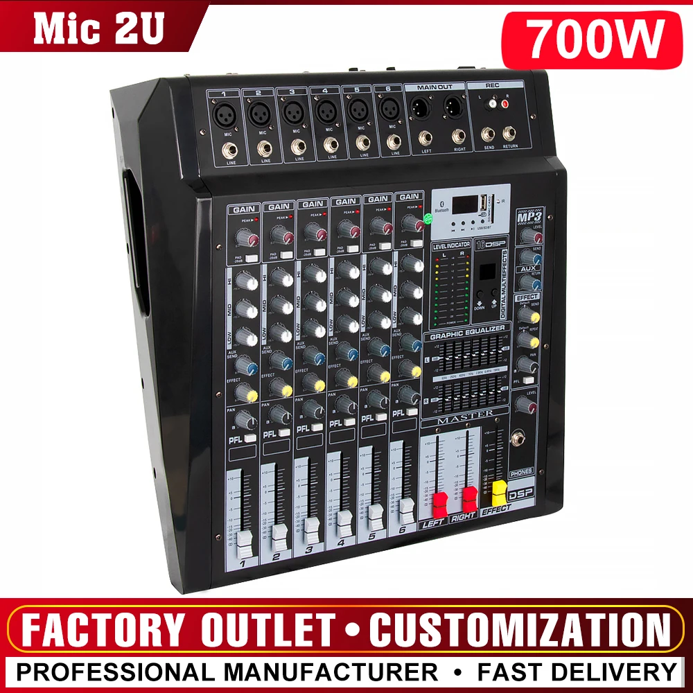 6 channel professional mixer with power amplifier all-in-one stage performance high-power mixer DSP effect 700W watt amplifier
6 channel professional mixer with power amplifier all-in-one stage performance high-power mixer DSP effect 700W watt amplifier