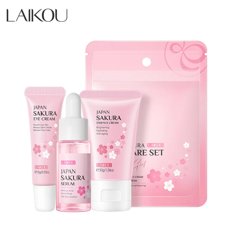 

2 Bags LAIKOU Sakura Brightening Moisturizing Skin Care Serum Eye Cream ​Nourish Skin Face Cream 3 Piece Set Firming Skin