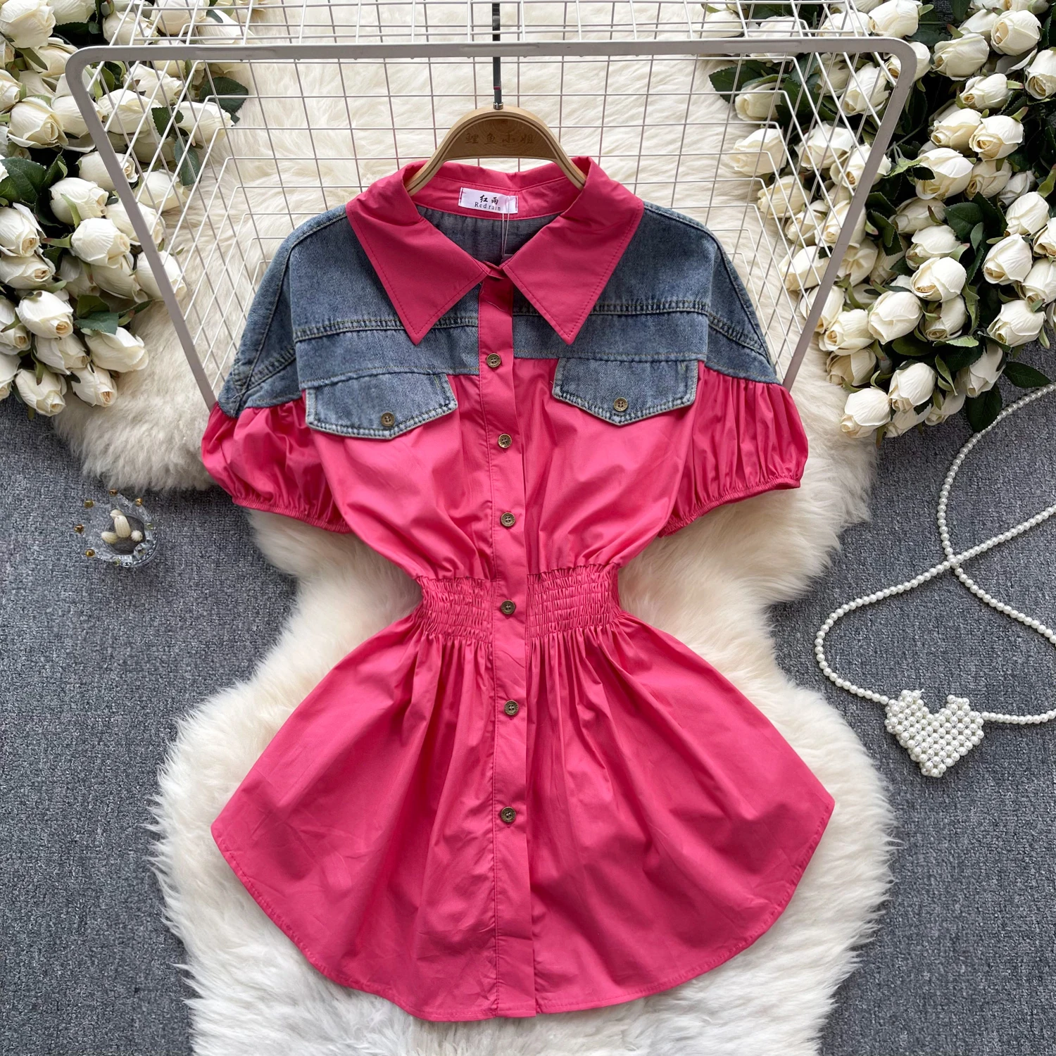 

VANOVICH корейский стиль женский дизайн контрастных цветов джинсовая строчка рукава с буфами эластичная талия тонкая Модная рубашка Повседневная рубашка
