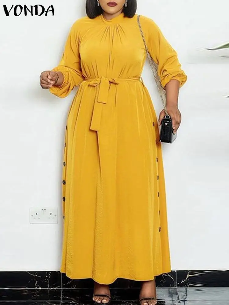 

VONDA 2023 Autumn Elegant Dress Women Bohemian Dress Stand Collar Long Sleeve Buttons Belted Maxi Sundress Casual Solid Vestidos