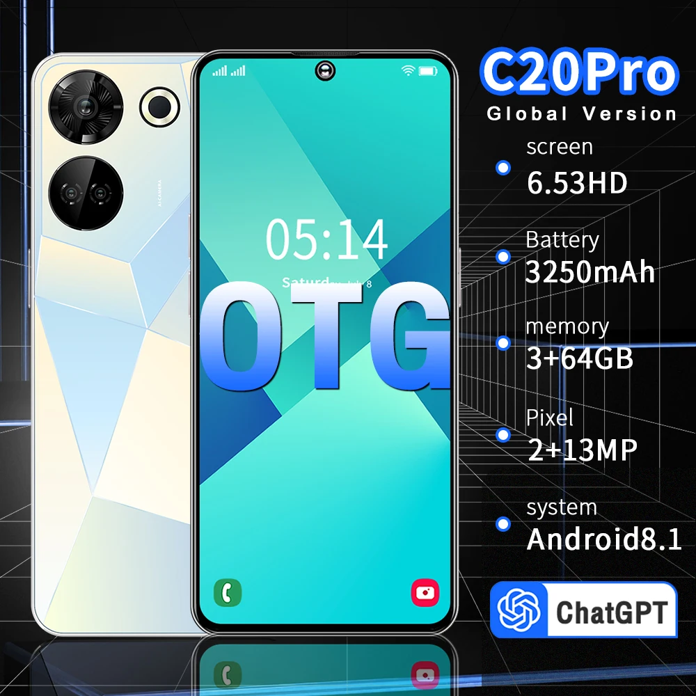 

Global Version C20 Pro 4G Smartphone Android8 3GB / 64GB 3250mAh Cellphone 2MP+13MP Camera 6.53 inch Quad Core Mobile Phone