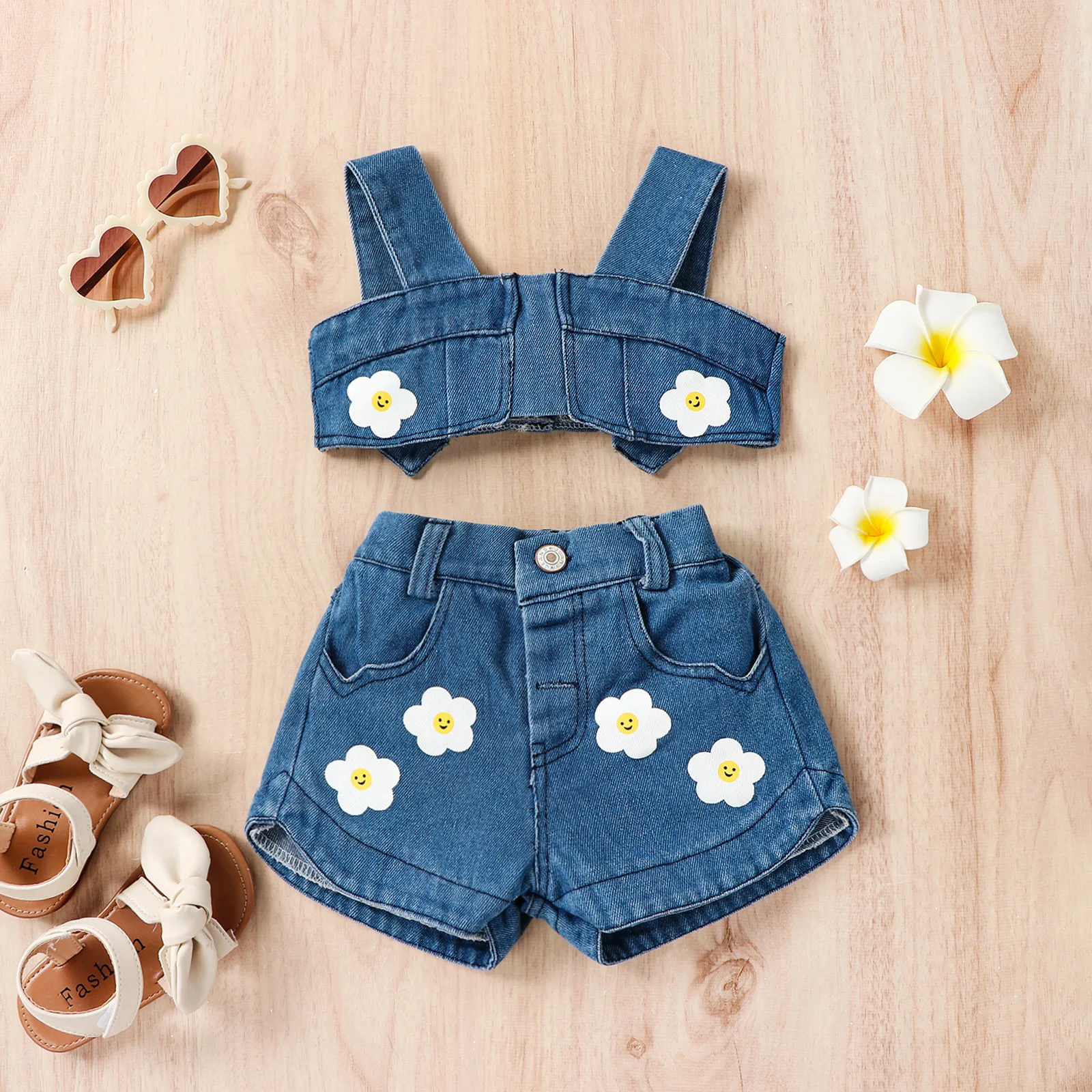 

Summer Kids Clothes Sets Baby Girls Sleeveless Floral Denim Sling Crop Top + Denim Shorts Toddler Children's Casual Clothing