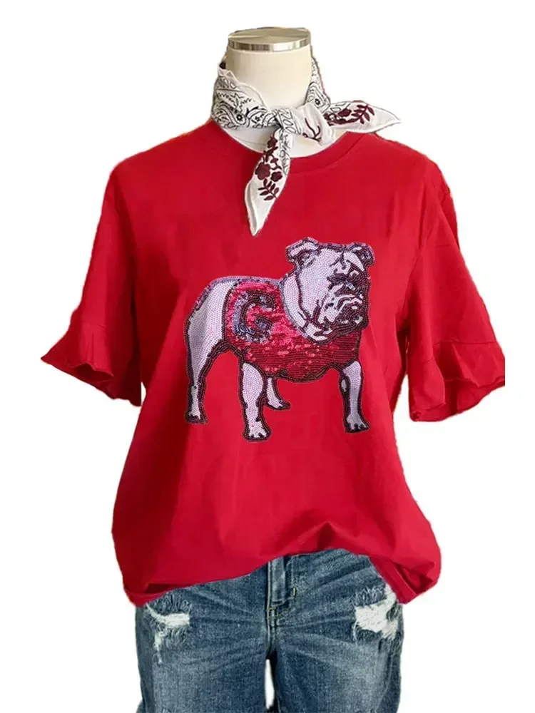 Casual Bulldog Print Pleated T-shirt Sequined Crew Neck Top Tank Tops Everyday Ladies Elegant shirt
Casual Bulldog Print Pleated T-shirt Sequined Crew Neck Top Tank Tops Everyday Ladies Elegant shirt