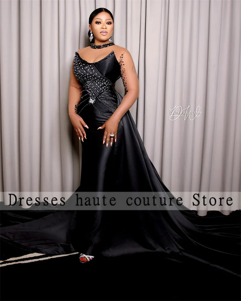 

Elegant Black Satin Mermaid Evening Dresses 2023 For Women Beading Crysatl Prom Dress Sheer Sleeve Wedding Party Dress Aso Ebi