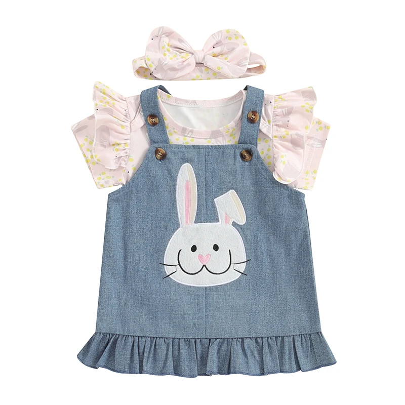 

Baby Girl Easter Outfit Infant Bunny Print Short Sleeve Romper Denim Overall Dress Bow Headband Cute 3PC Set